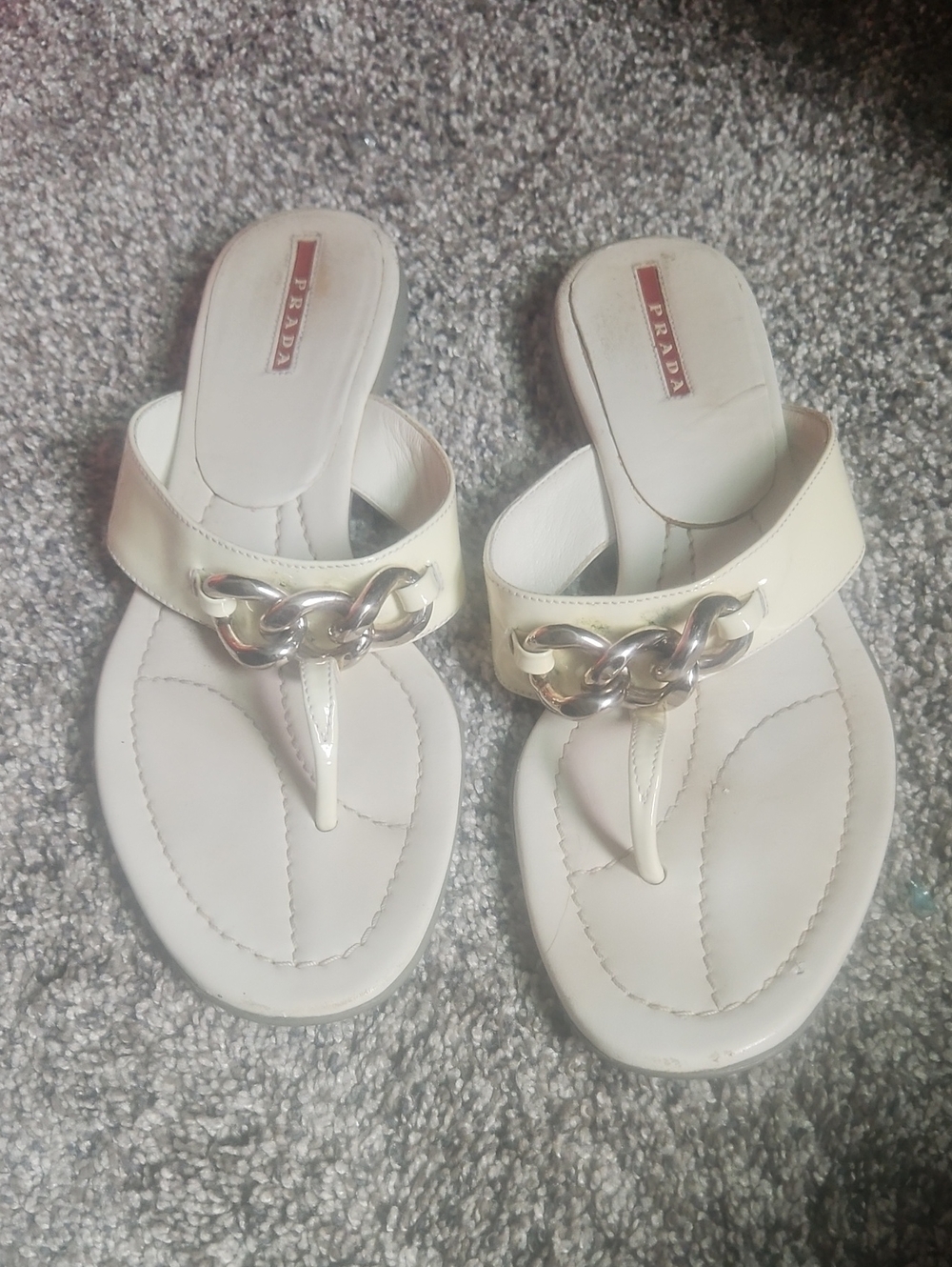 Prada Cream Leather Chain-Trim Thong Sandals